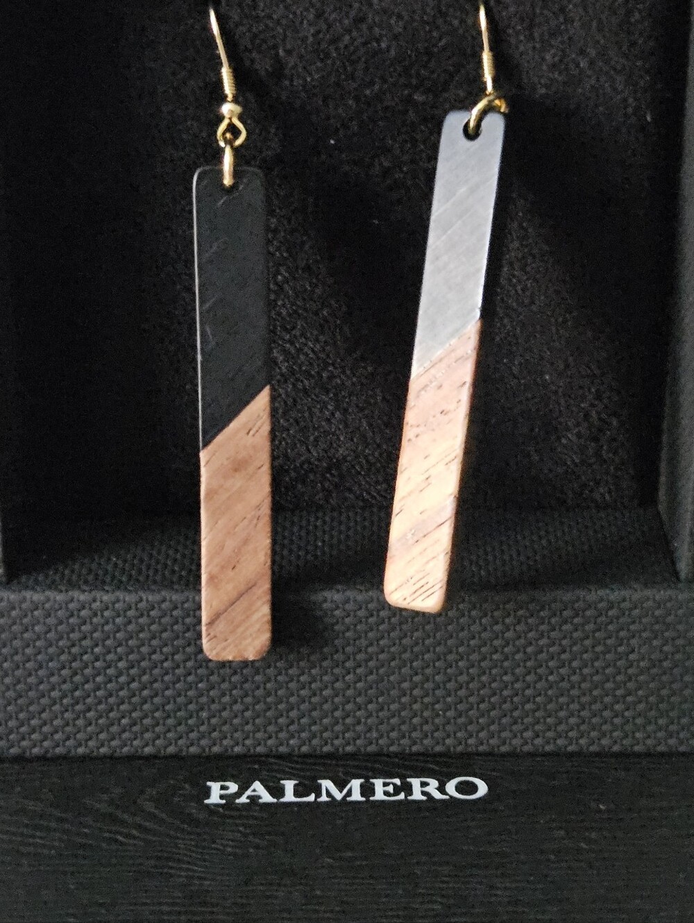 PALMEEMO Two-Tone Wood & Metal Drop Earrings - Black and Brown. NWT. RETAIL $280